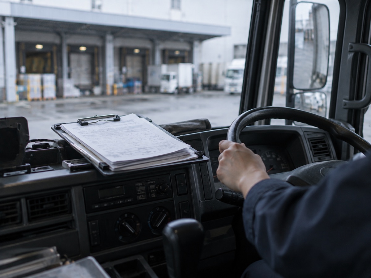 トラックの運転席のダッシュボードに置いた、受領書を挟んだクリップボード